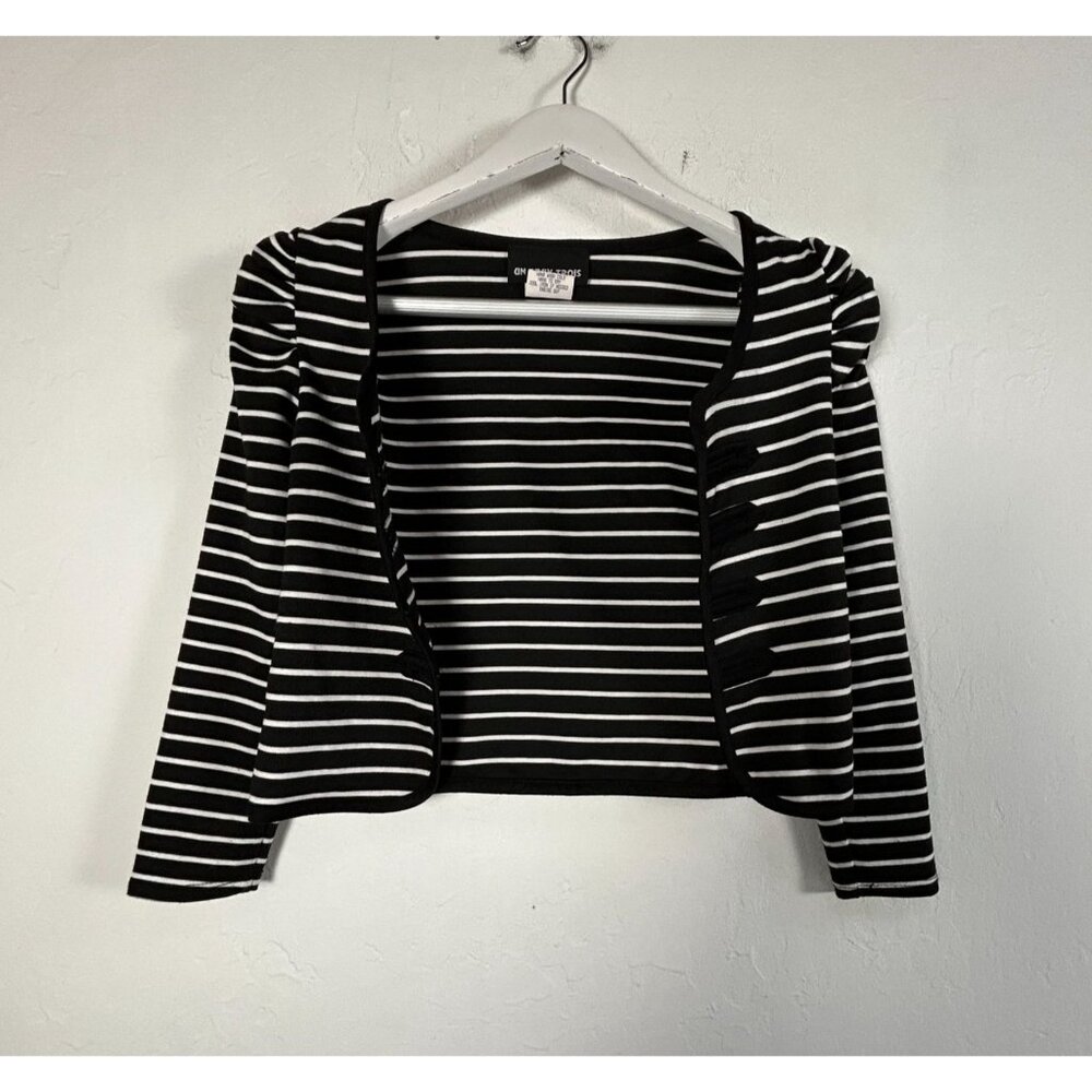 On Deux Trois Womens Black Striped Crop Cardigan Large Puff Shoulder Open Front